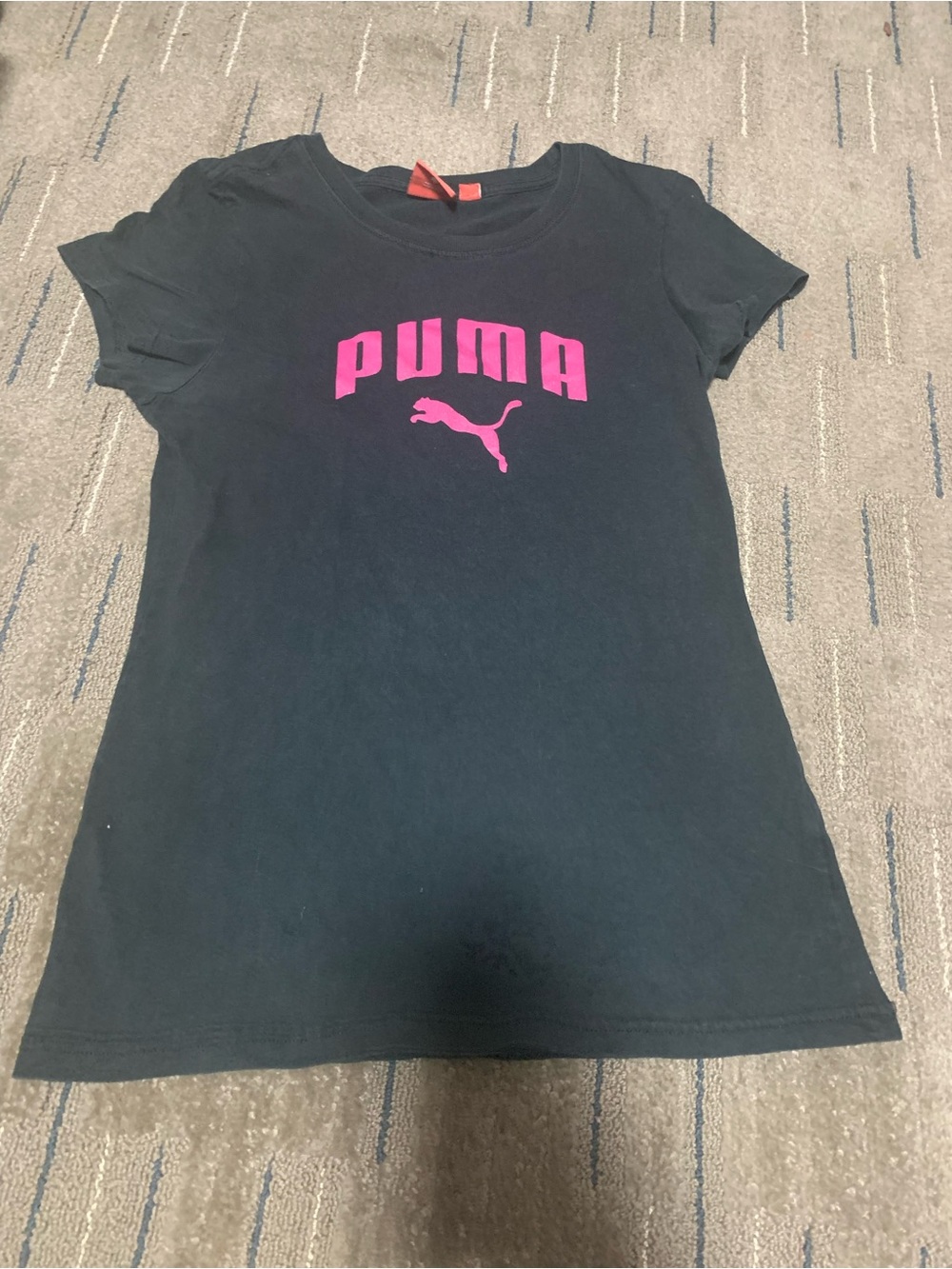 PUMA Women's Black Graphic T-Shirt Pink Arch Logo Short Sleeve Size S